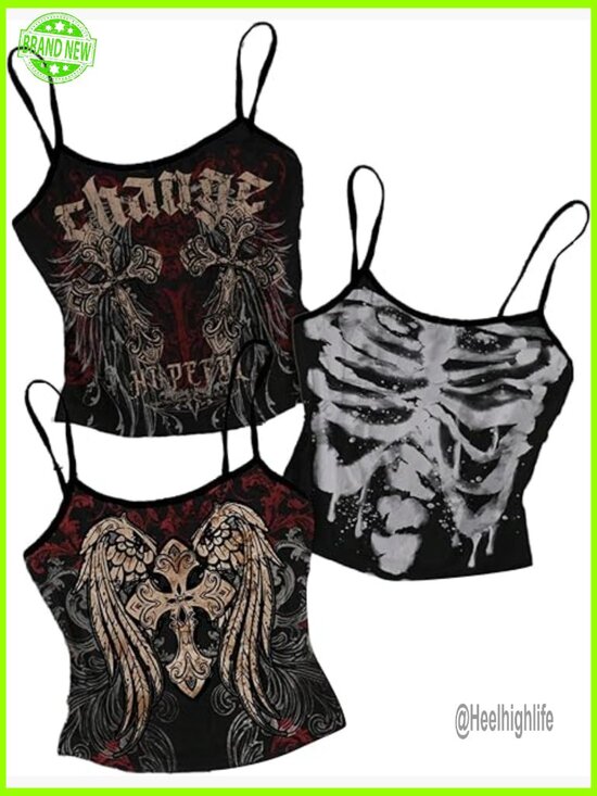 Tops - 3 Pack Grunge Goth Crop Camisole Tanks Punk Y2k Sleeveless Fitted Tops